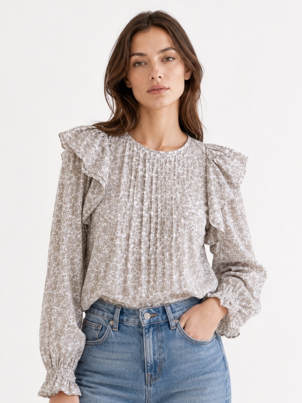 Maje Gray Floral Pintuck Ruffle Shoulder blouse, size 2 (US 6-8)